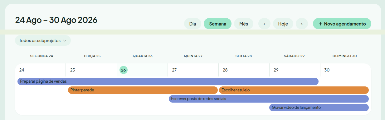 Visão semanal de calendário com barras de atividades