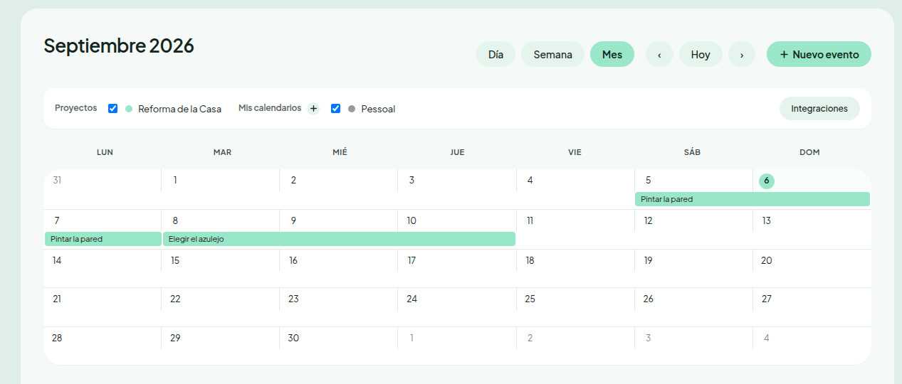 Vista semanal de calendario con barras de actividades