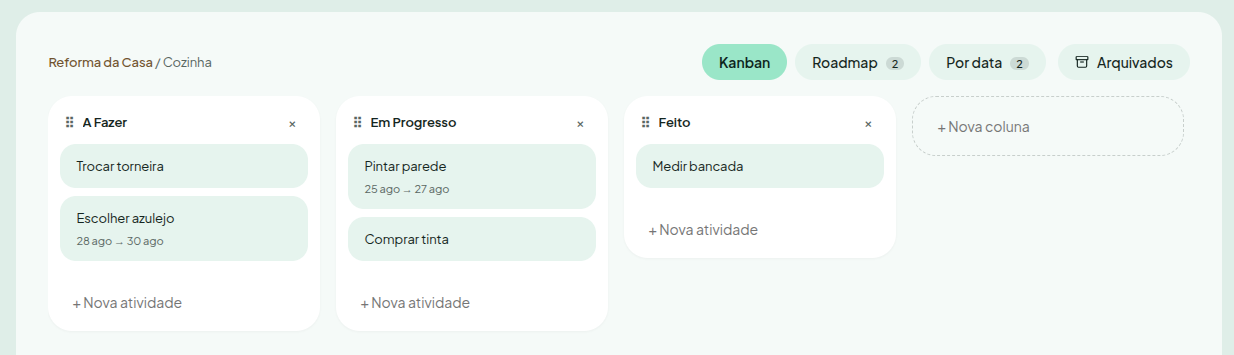 Quadro Kanban do Simple Life com colunas A Fazer, Em Progresso e Feito