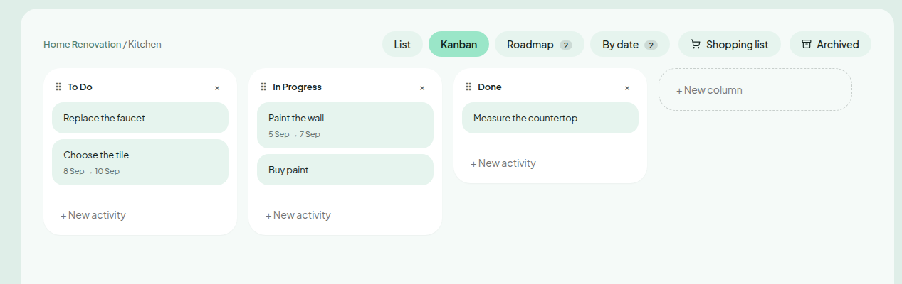 Simple Life Kanban board with To Do, In Progress and Done columns