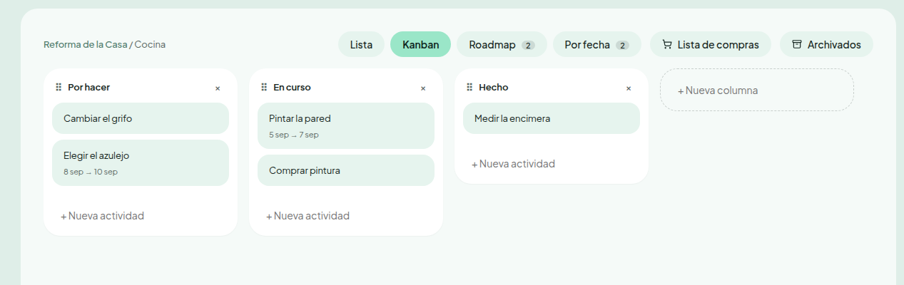 Tablero Kanban de Simple Life con columnas Por hacer, En progreso y Hecho